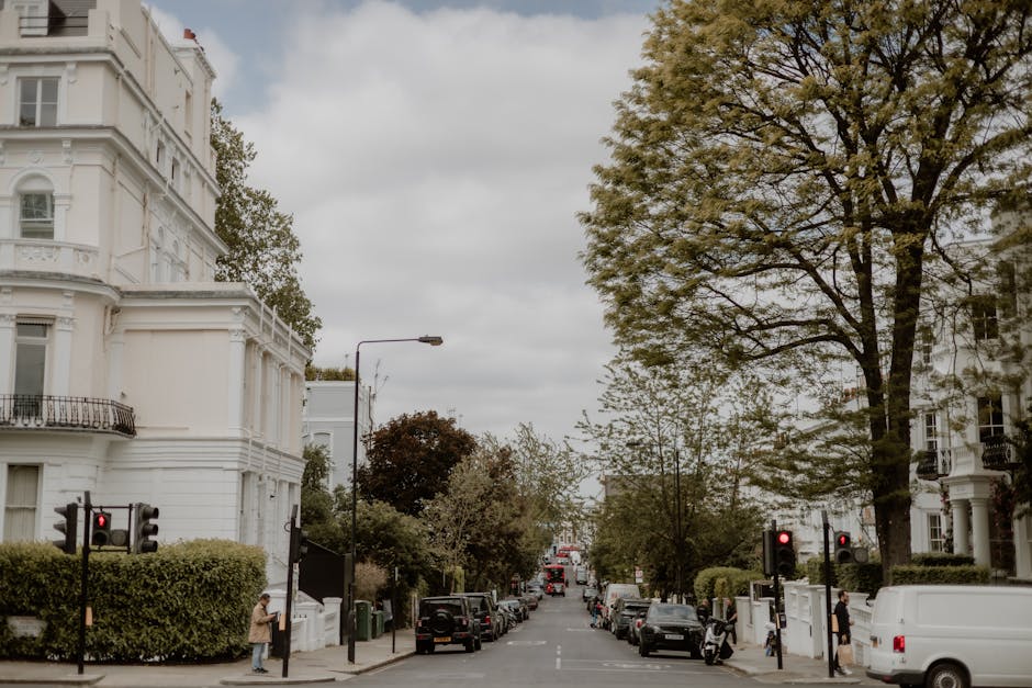 A wide view of a residential street in Parsons Green SW6 during daytime, featuring white Victorian-style houses with decorative cornices and balconies on either side. The street is lined with parked cars, including a black van, white van, and various smaller vehicles, positioned along the curb. Tall trees with green foliage dominate the scene, some extending over the street, and their branches partly obscure the multi-storey buildings. Several pedestrians are visible on the pavement, and traffic lights at the intersection display red signals. In the foreground, a man dressed in casual clothing appears to be waiting to cross near a hedge, while another person stands nearby. The overcast sky casts diffuse lighting across the scene. The image captures the typical urban environment where a professional removal company, such as Man and Van Parsons Green, might be involved in home relocation or furniture transport, emphasizing the importance of careful logistics during packing and loading processes.