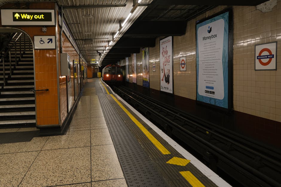 The image shows an underground train station platform with beige tiled walls and a speckled terrazzo floor, illuminated by overhead lighting. On the left side, there is a staircase with black metal railings leading upward, adjacent to a wall with orange tiles, and a yellow 'Way out' sign indicating the exit. The platform edge has a tactile warning strip with yellow and white lines, alongside a dropped capacity curb. A black train with rounded front windows is approaching from the distant end of the platform, preparing for arrival. Several advertisements and public service notices are mounted on the wall behind, including signage for Moneybox and the London Underground roundel logo. The station appears clean and well-maintained, with no visible passengers or moving objects, and the environment suggests an active part of the London transportation network. This scene relates to house removals and furniture transport processes, with [COMPANY_NAME] offering moving services that might involve navigating access points like this station for efficient relocation logistics.
